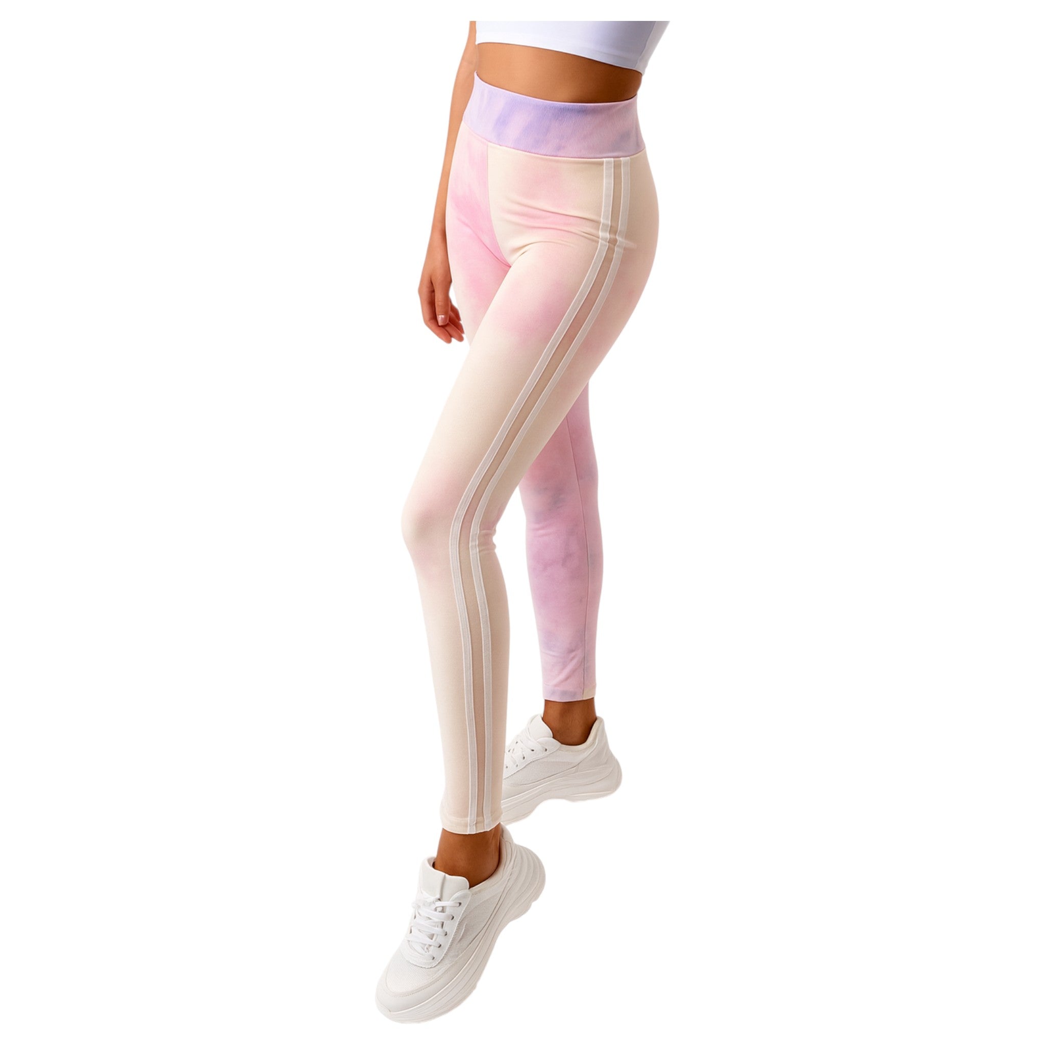 Women’s high-waisted tie dye leggings in neon multicolor print – stylish gym wear and casual athleisure